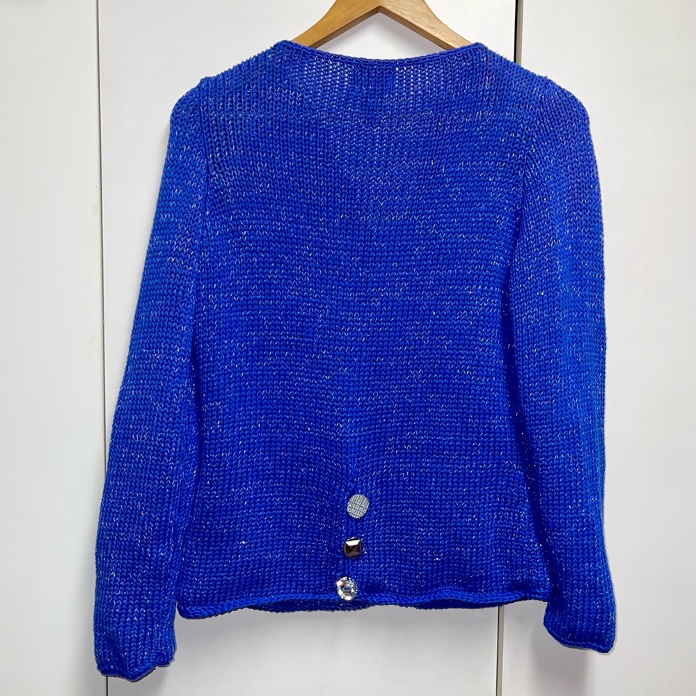 Pure Handknit Chunky Cardigan Button Up Knit Sweater Marled Blue & Silver S/M - Picture 5 of 6
